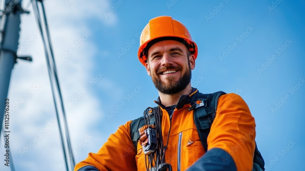 Construction Worker in Orange Safety Gear Smiling at Camera Against Blue Sky Background Construction Worker in Orange Safety Gear Smiling at Camera Against Blue Sky Background