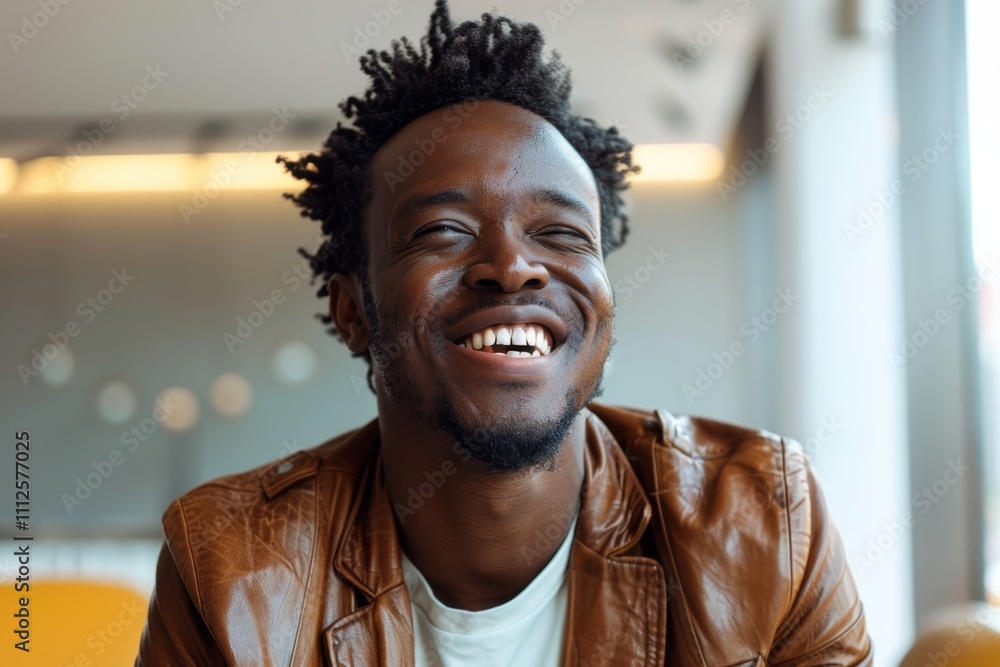 Portrait of a grinning afro-american man in his 30s sporting a stylish leather blazer isolated in modern minimalist interior Portrait of a grinning afro-american man in his 30s sporting a stylish leather blazer isolated in modern minimalist interior