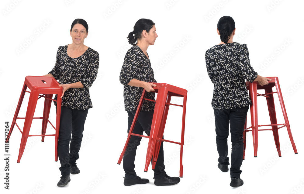 Obraz premium various poses of same woman carrying a stool on white background
