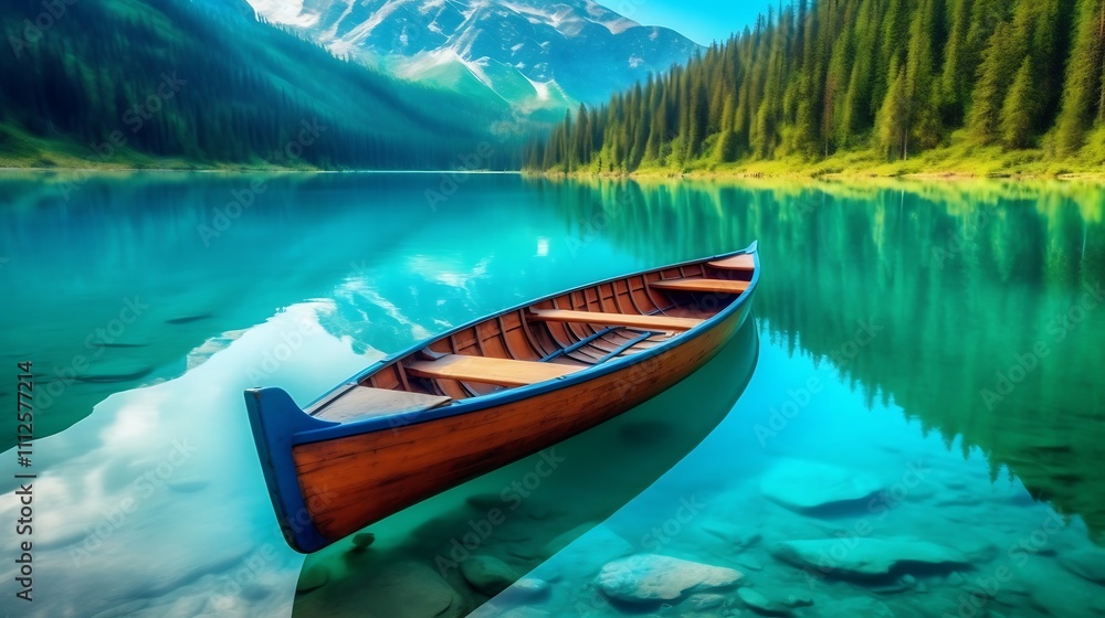 Wooden Canoe on a Tranquil Mountain Lake Wooden Canoe on a Tranquil Mountain Lake