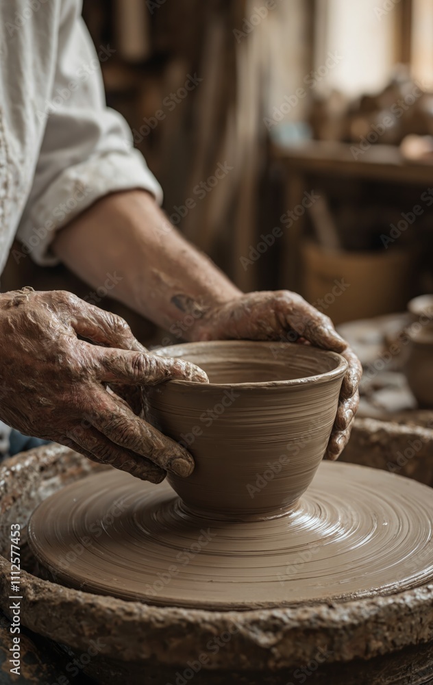 Hands shaping clay on a pottery wheel in a workshop. Close-up photography of ceramic crafting process. Craftsmanship and artisan skills concept for design and print. Hands shaping clay on a pottery wheel in a workshop. Close-up photography of ceramic crafting process. Craftsmanship and artisan skills concept for design and print.