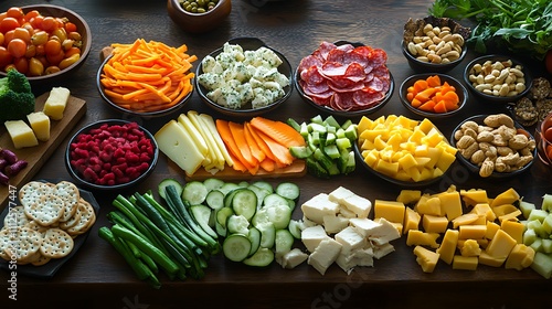 A variety of colorful low-carb snacks arranged on a wooden table, including fresh vegetables, cheese, and nuts 