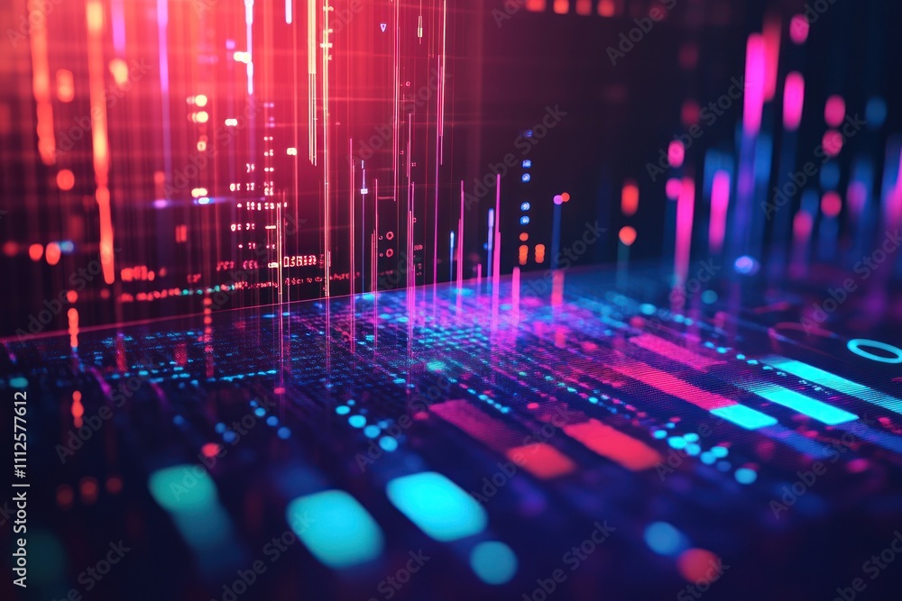 Abstract glowing data visualization with neon red and blue elements on a dark background Abstract glowing data visualization with neon red and blue elements on a dark background