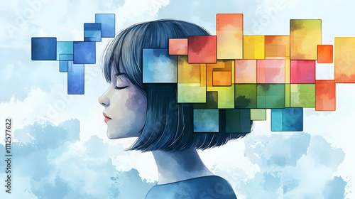 A serene portrait of a girl with a colorful mosaic emerging from her head, symbolizing creativity and imagination against a soft blue sky.