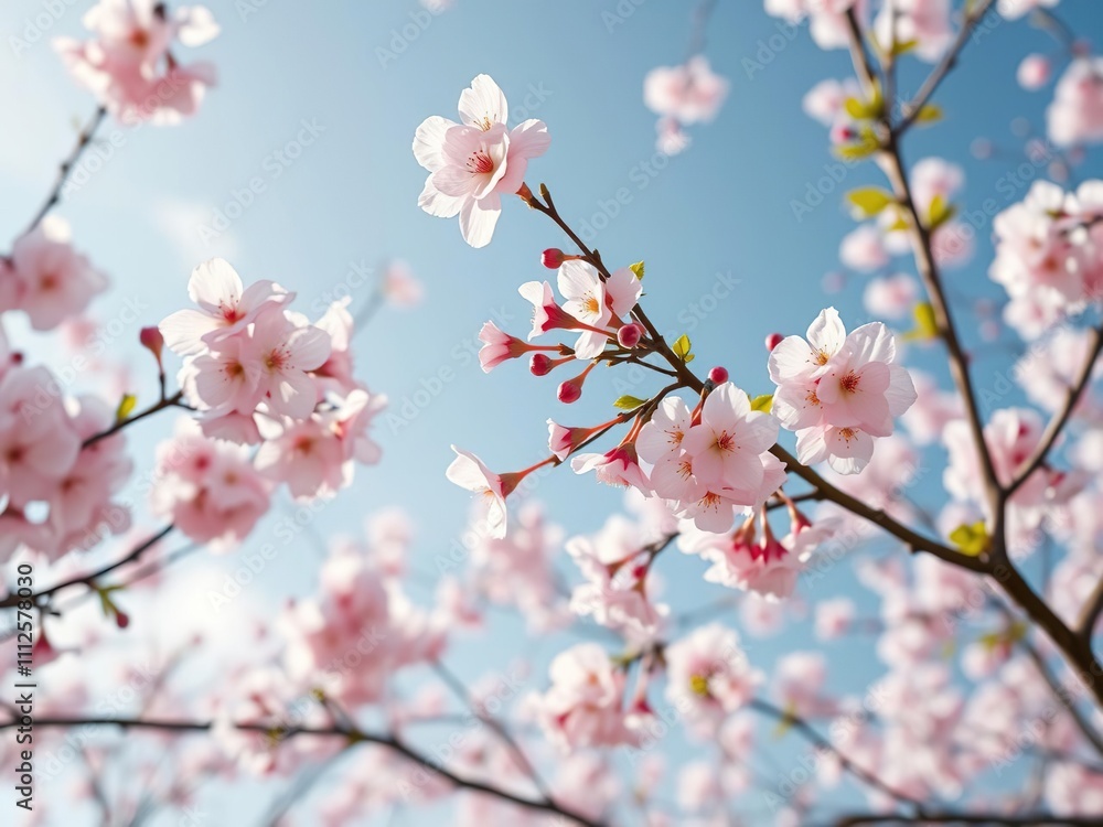 Soft pink and white cherry blossoms hanging from branches against a backdrop of blue skies , pink flowers, sky blue Soft pink and white cherry blossoms hanging from branches against a backdrop of blue skies , pink flowers, sky blue