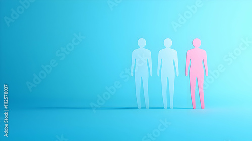 A minimalist illustration of three human figures, two in light blue and one in pink, set against a gradient blue background, symbolizing individuality and diversity.
