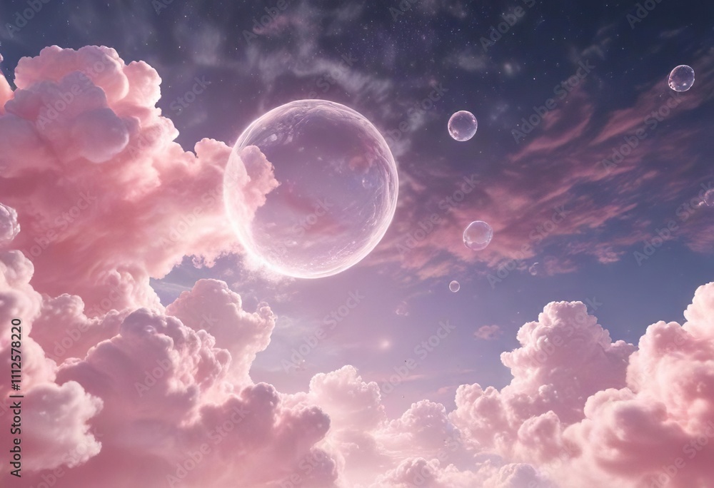 Obraz premium Soft pink clouds with floating bubbles in celestial sky, romantic, beauty