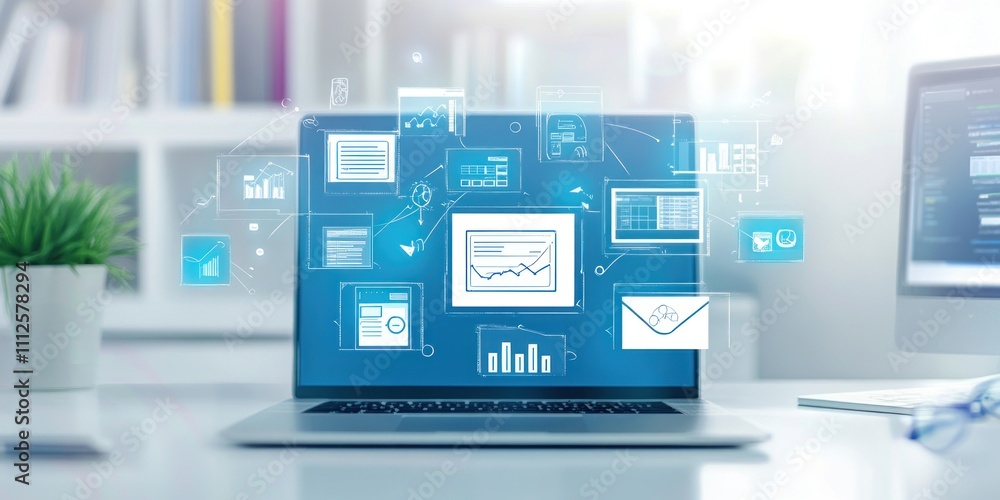 Laptop screen with digital business analytics icons floating in a modern office setting Laptop screen with digital business analytics icons floating in a modern office setting