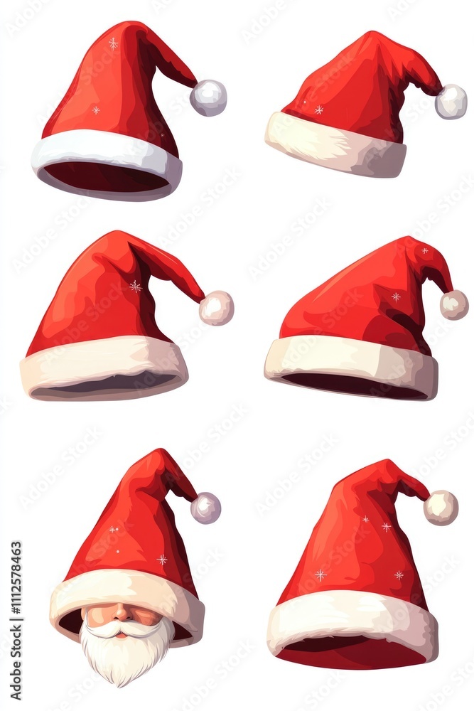 Six Santa hats with a beard, ideal for Christmas or winter-themed projects Six Santa hats with a beard, ideal for Christmas or winter-themed projects