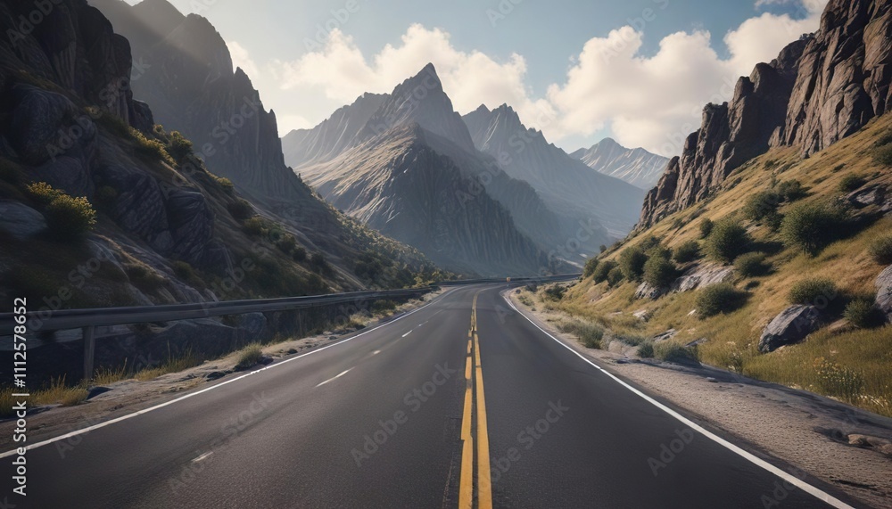 Naklejka premium Solo drive on winding asphalt road through mountains, , freedom road