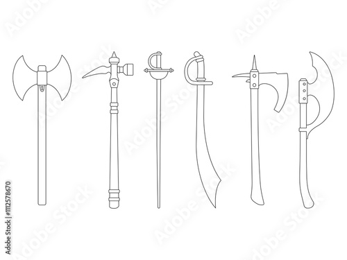 Set of Medieval Weapons Outline icon in various poses isolated on white background