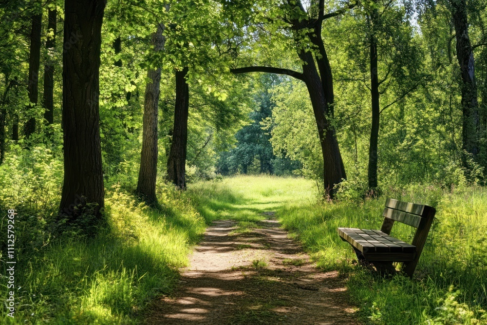 Wooden bench along forest pathway surrounded by lush green trees in sunlight Wooden bench along forest pathway surrounded by lush green trees in sunlight