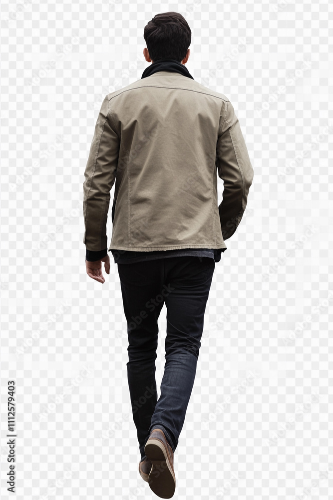 Person walking away in casual attire on a city street Person walking away in casual attire on a city street