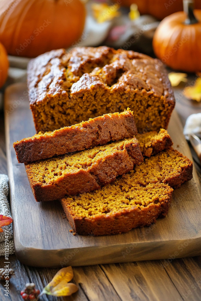 Freshly baked pumpkin bread with slices on a wooden board Freshly baked pumpkin bread with slices on a wooden board