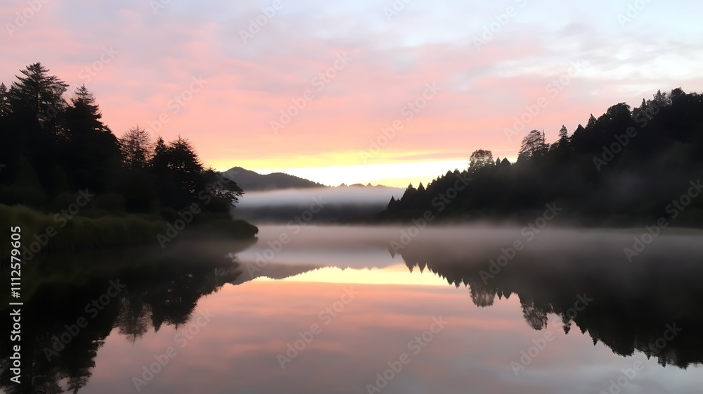 Serene Sunrise Over Misty Lake and Forest Serene Sunrise Over Misty Lake and Forest
