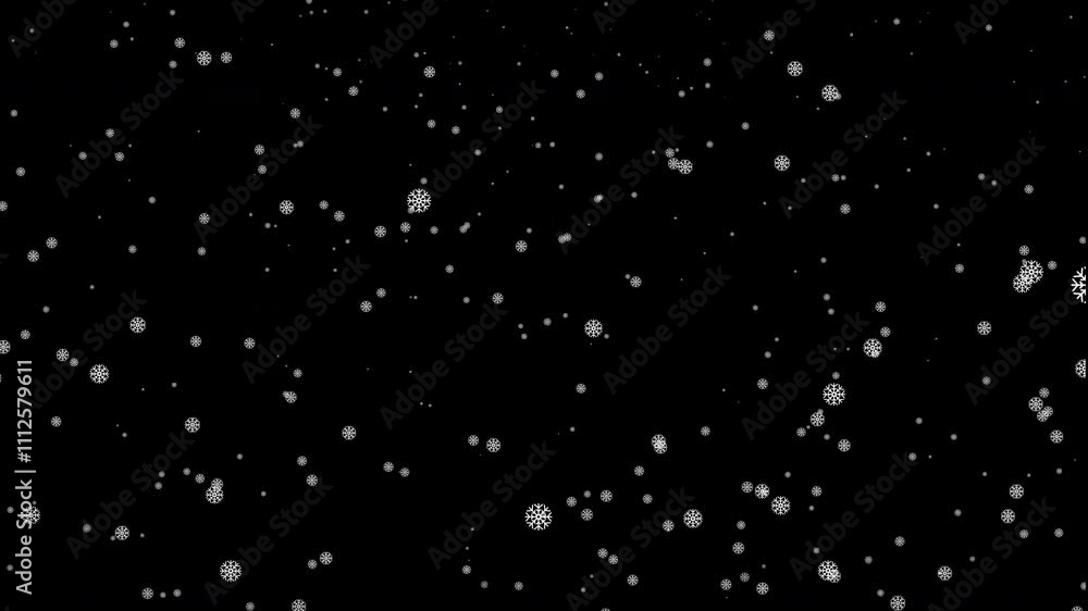 Snowflakes or falling snow animation on black background. Merry crystmas, holiday, new year and winter season concept Snowflakes or falling snow animation on black background. Merry crystmas, holiday, new year and winter season concept