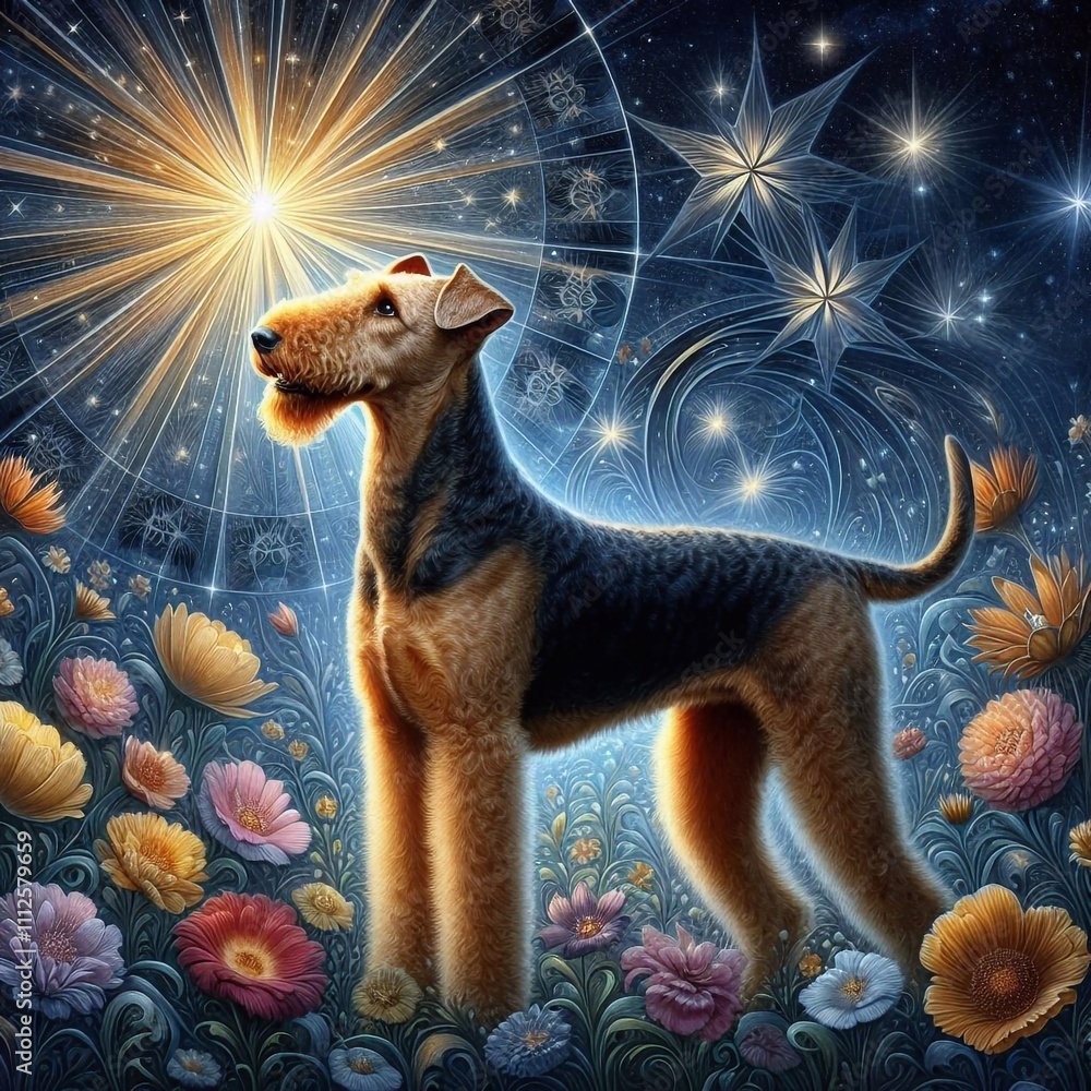 Fototapeta premium Elegant Airedale Terrier Under the Evening Star in an Enchanted Meadow