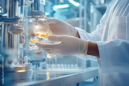 The hands of a scientist in a pharmaceutical company.