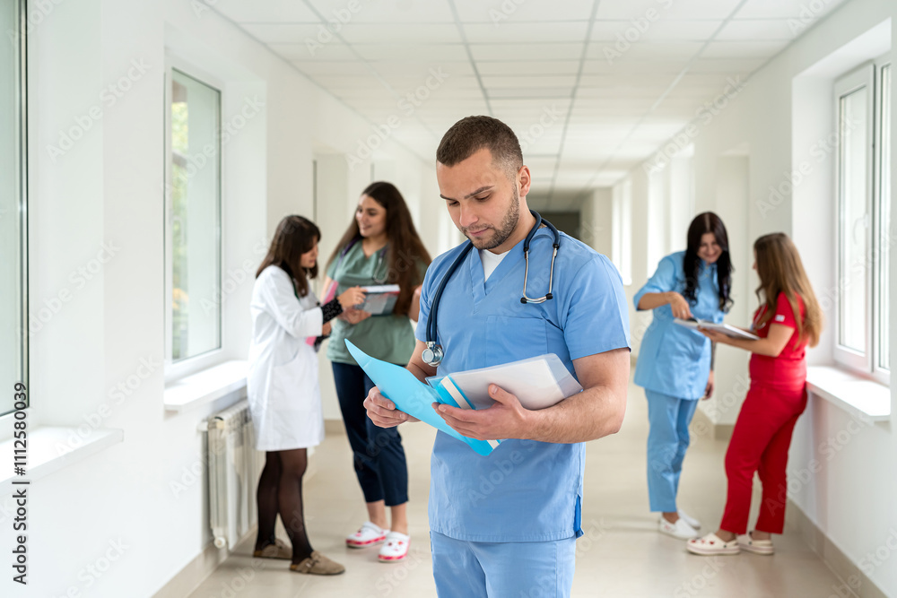 Obraz premium Group of positive caucasian doctors wearing uniform and stethoscope in college hallway