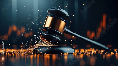 Oversized gavel crashes in financial arena law and justice art
