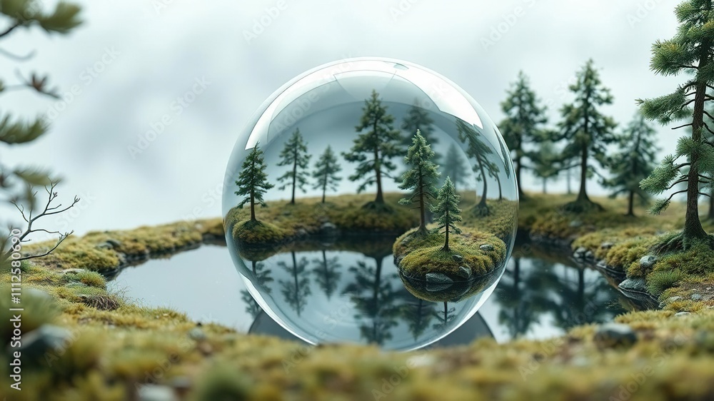 The delicate curves of a glass sphere are reflected in the calm waters of a tiny lake within a miniature forest, desert scenery, reflective surface, tree in sand The delicate curves of a glass sphere are reflected in the calm waters of a tiny lake within a miniature forest, desert scenery, reflective surface, tree in sand