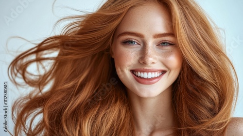 Beautiful smiling redhead portrait woman with freckles lying down showing white teeth