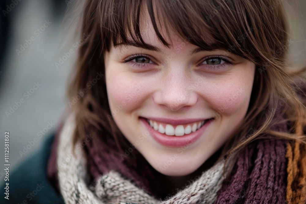A happy woman wearing a scarf smiles directly at the camera A happy woman wearing a scarf smiles directly at the camera