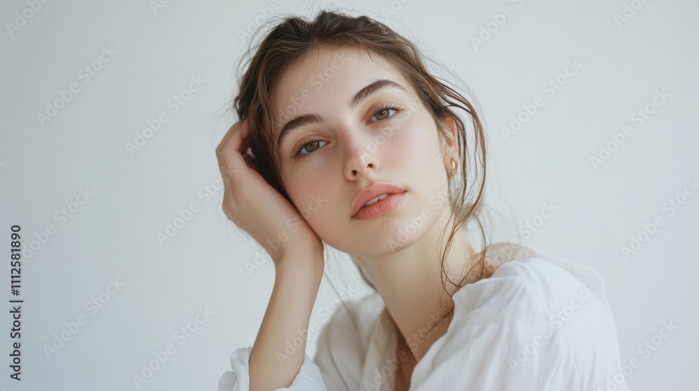 Woman, portrait and clear skincare in studio, healthy and hands for beauty on white background. Female person, cosmetics and touch soft or smooth skin, facial treatment and foundation for dermatology Woman, portrait and clear skincare in studio, healthy and hands for beauty on white background. Female person, cosmetics and touch soft or smooth skin, facial treatment and foundation for dermatology