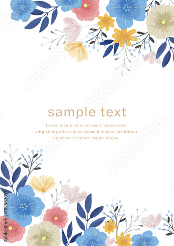 落ち着いたお花のフレーム　水彩風　縦