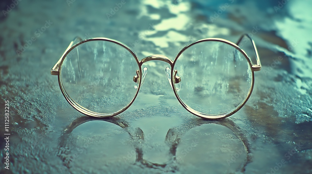Gold Framed Round Eyeglasses Resting on a Surface Gold Framed Round Eyeglasses Resting on a Surface