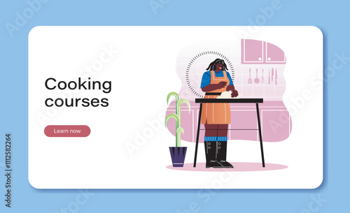 Professional cooking landing page. Woman with dough at kitchen. Webinar and master class. Educational materials on internet. Flat vector illustration