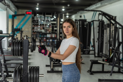 Strong woman hold heavy weight disc and prepare to hard workout exercise at gym