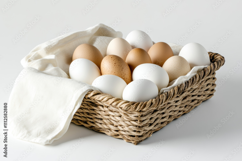 Brown and white eggs in a wicker basket with a soft white cloth
Brown and white eggs in a wicker basket with a soft white cloth