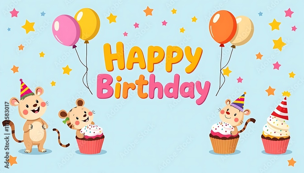 Playful Birthday Background with Cartoon Animals, Balloons, and Cupcakes Playful Birthday Background with Cartoon Animals, Balloons, and Cupcakes