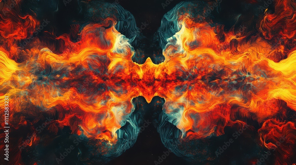 Fototapeta premium Burning flames forming abstract shapes on a deep black backdrop, vibrant colors blending in retro fiery patterns, dynamic design
