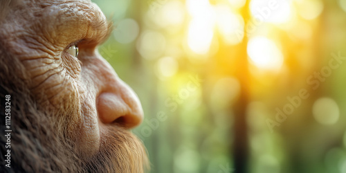 close-up portrait of neanderthal man in the forest photo