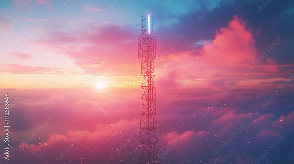 Fototapeta premium Telecommunications Mast Against Stunning Sunset Sky 