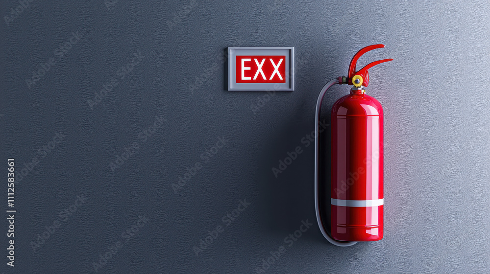 Obraz premium Red fire extinguisher mounted on a gray wall with an emergency sign, essential for fire safety and prevention measures.