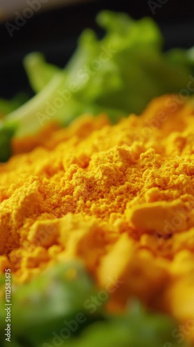 Natural beta-carotene supplement, glowing orange powder, sprinkled over a salad, fresh greens, health-conscious lifestyle, vibrant and colorful, wellness benefits