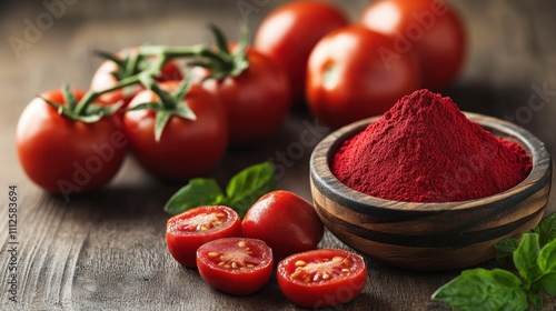 Vibrant lycopene extract powder, red and rich, placed beside tomatoes, antioxidants, supplements for skin and health benefits, natural composition