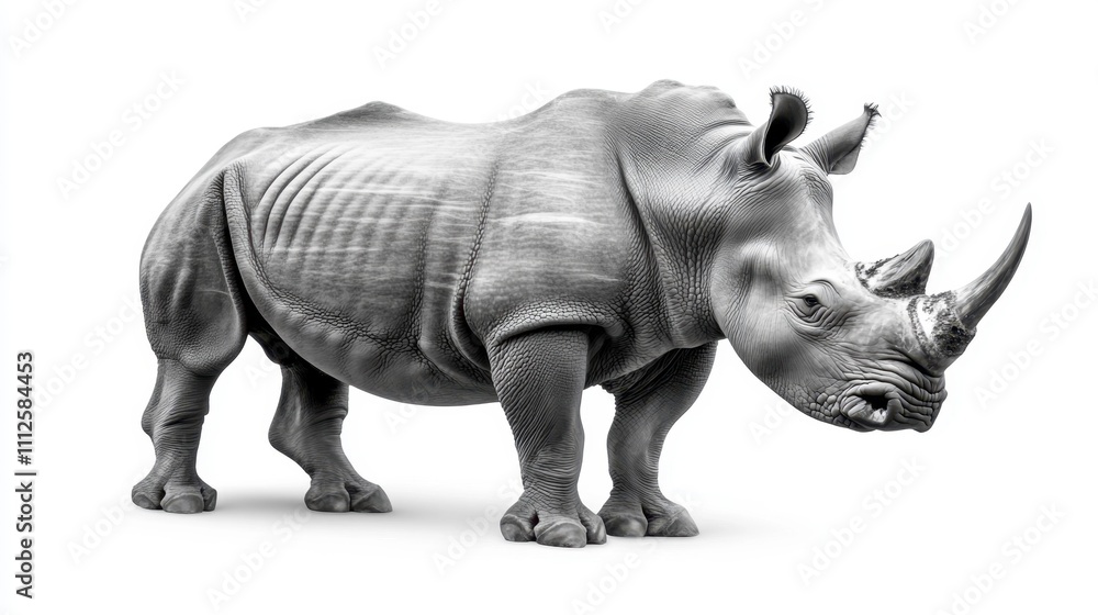 Obraz premium Huge rhinoceros captured in black and white, isolated on white backdrop, detailed texture of skin and intense expression, raw wildlife power in a monochrome shot
