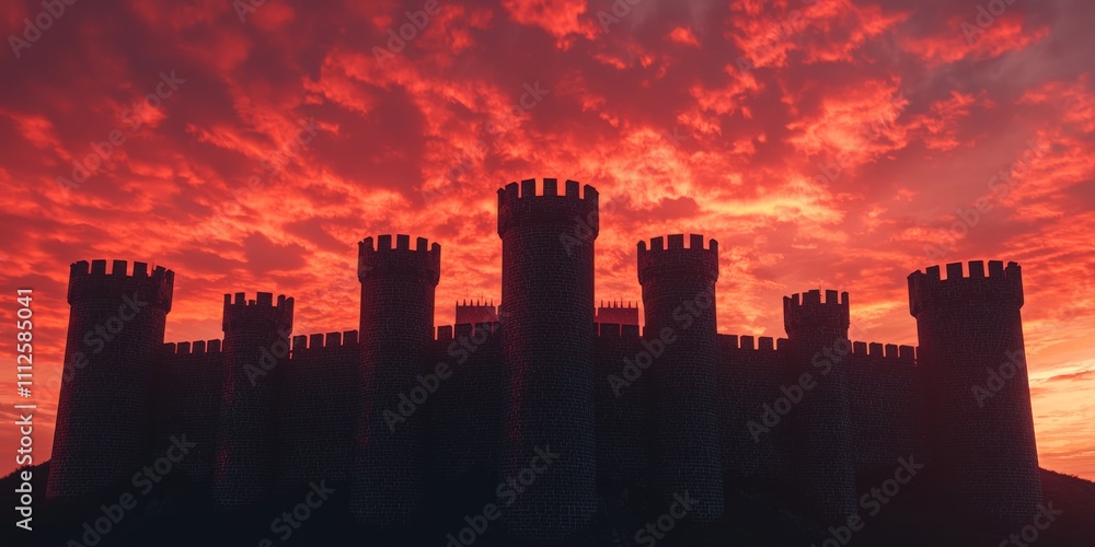 Fototapeta premium A silhouetted castle against a dramatic sunset sky filled with vibrant reds and oranges.