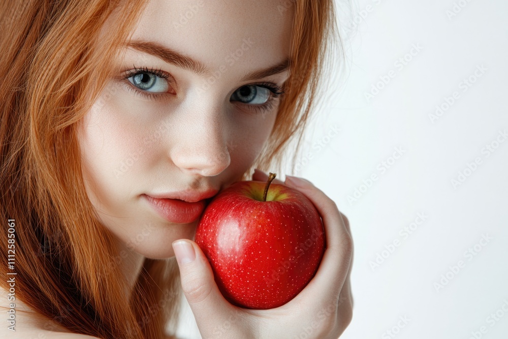 A woman holds an apple in front of her face, making a gesture of secrecy or modesty A woman holds an apple in front of her face, making a gesture of secrecy or modesty