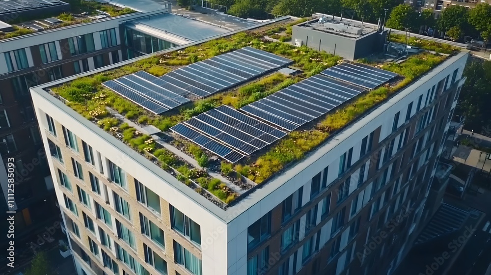 Rooftop solar panels and greenery contribute to urban sustainability in city development