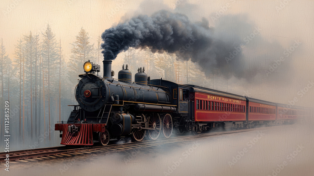 Obraz premium detailed vintage illustration of steam locomotive traveling through misty forest, evoking sense of nostalgia and adventure. train emits thick black smoke as it moves