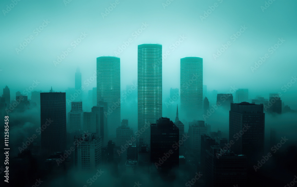 glowing dystopian cityscape with eerie radiant towers shrouded in mist, creating mysterious and atmospheric scene glowing dystopian cityscape with eerie radiant towers shrouded in mist, creating mysterious and atmospheric scene