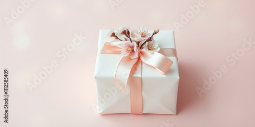 Wallpaper Mural A beautifully wrapped gift box adorned with delicate pink blossoms, tied with a soft pink ribbon, resting on a light pink surface. Torontodigital.ca