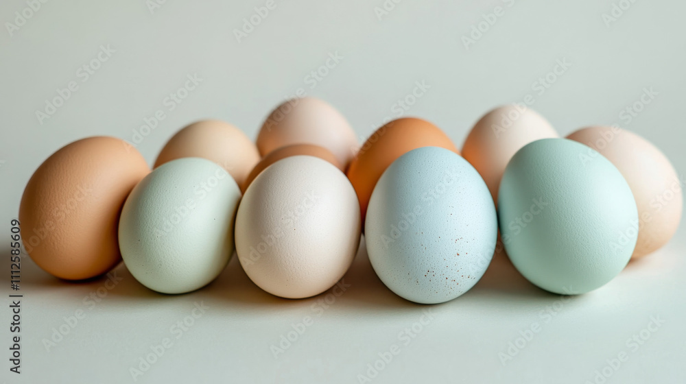 A variety of pastel-colored eggs, including shades of green, white, and brown, arranged on a neutral background in soft natural light, highlighting their textures and organic appearance
A variety of pastel-colored eggs, including shades of green, white, and brown, arranged on a neutral background in soft natural light, highlighting their textures and organic appearance