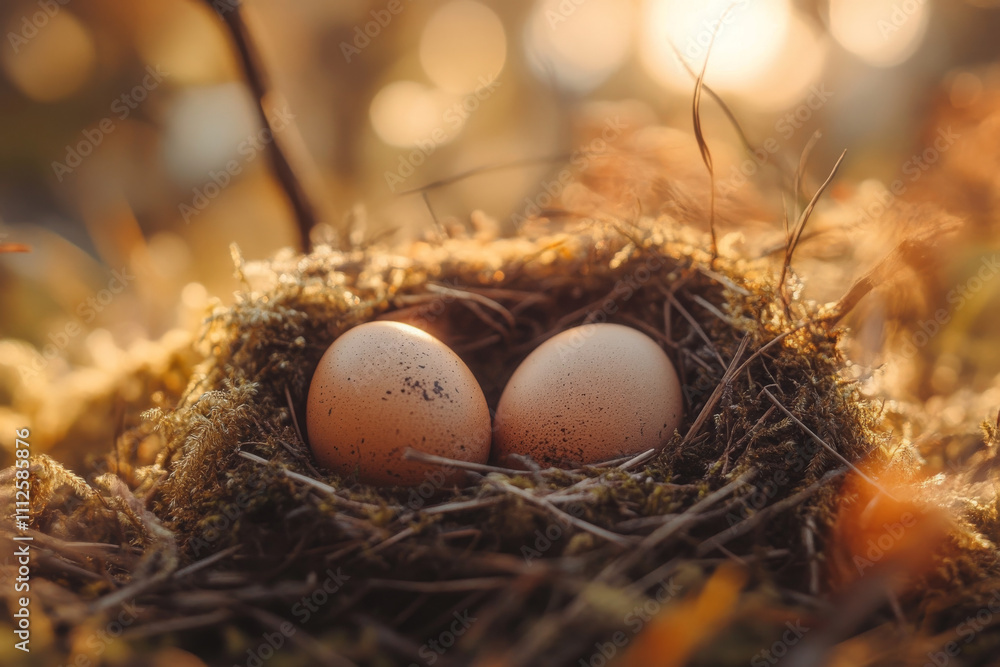 Speckled eggs in a woven nest surrounded by autumn foliage in golden sunlight
Speckled eggs in a woven nest surrounded by autumn foliage in golden sunlight