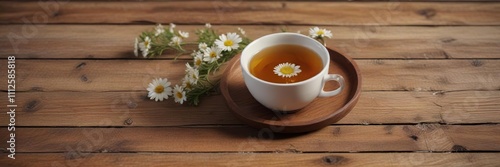 Warm cup of herbal tea on a wooden table with a single fresh daisy in the center, peaceful scene, herbal tea